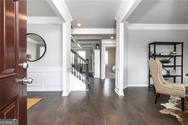 foyer entrance featuring ornamental molding and dark wood-type flooring