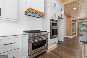 kitchen featuring stainless steel appliances, dark hardwood / wood-style floors, white cabinets, and wood ceiling