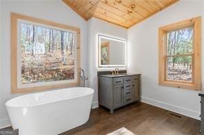 bathroom featuring lofted ceiling, vanity, a wealth of natural light, and wooden ceiling