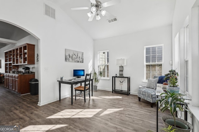 office area featuring high vaulted ceiling, dark hardwood / wood-style floors, and ceiling fan