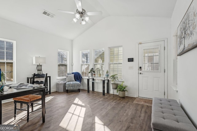 office featuring ceiling fan, lofted ceiling, and dark hardwood / wood-style flooring