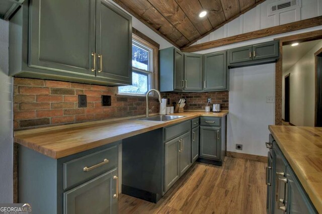 kitchen featuring lofted ceiling, sink, butcher block countertops, wood ceiling, and light hardwood / wood-style floors