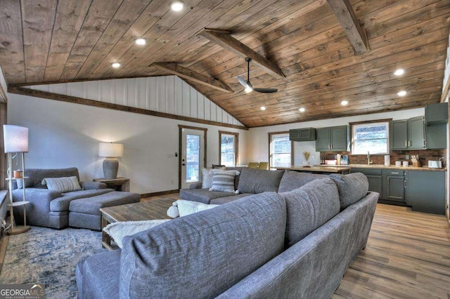 living room with wood-type flooring, wooden ceiling, lofted ceiling with beams, and ceiling fan