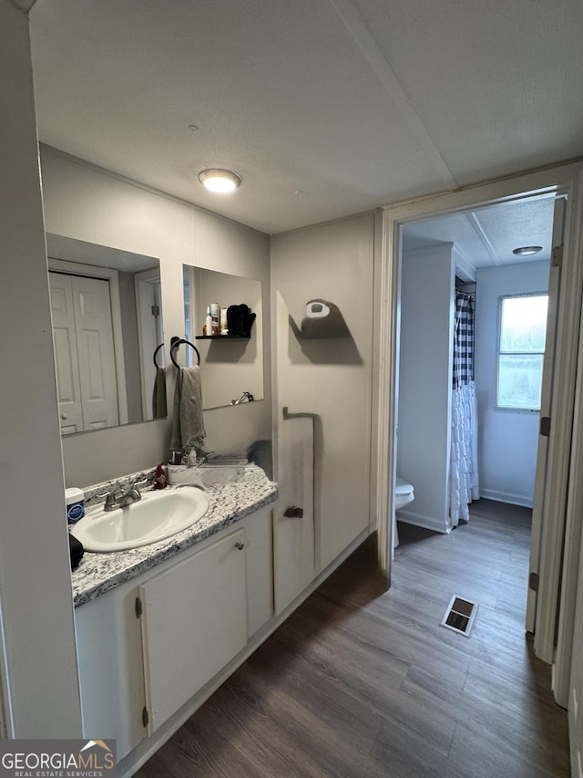 bathroom with vanity, hardwood / wood-style floors, a textured ceiling, and toilet