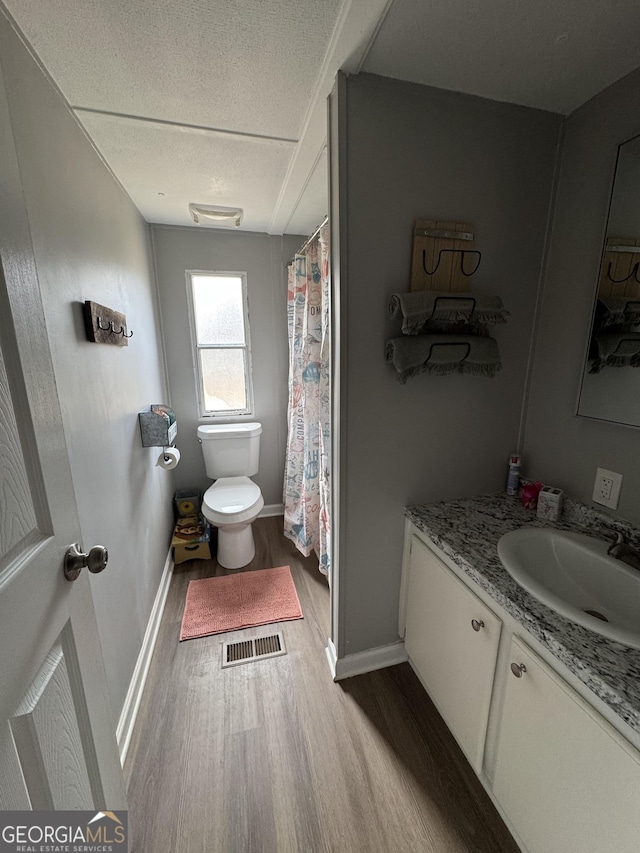 bathroom featuring wood-type flooring, vanity, a textured ceiling, and toilet