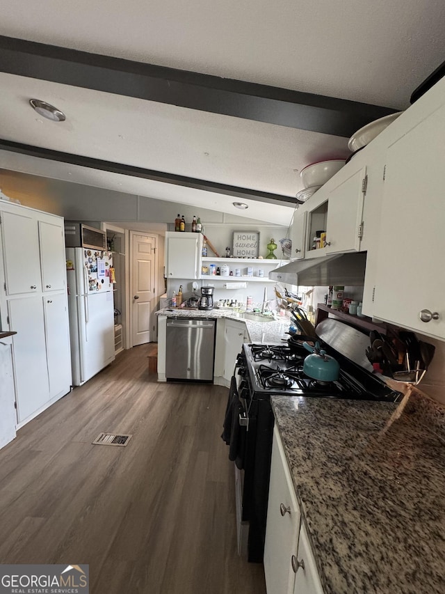 kitchen with white cabinets, white fridge, stainless steel dishwasher, gas stove, and dark wood-type flooring