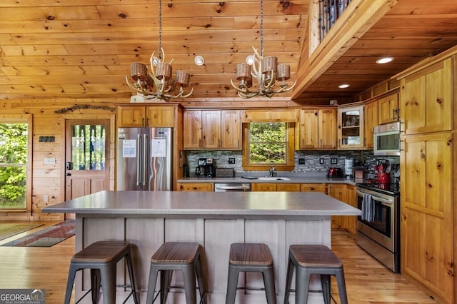 kitchen with appliances with stainless steel finishes, plenty of natural light, and a chandelier