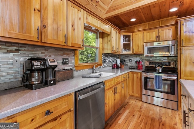 kitchen with sink, wood ceiling, light hardwood / wood-style flooring, stainless steel appliances, and decorative backsplash