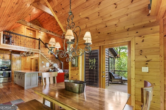 unfurnished dining area featuring an inviting chandelier, wood ceiling, high vaulted ceiling, and wood walls