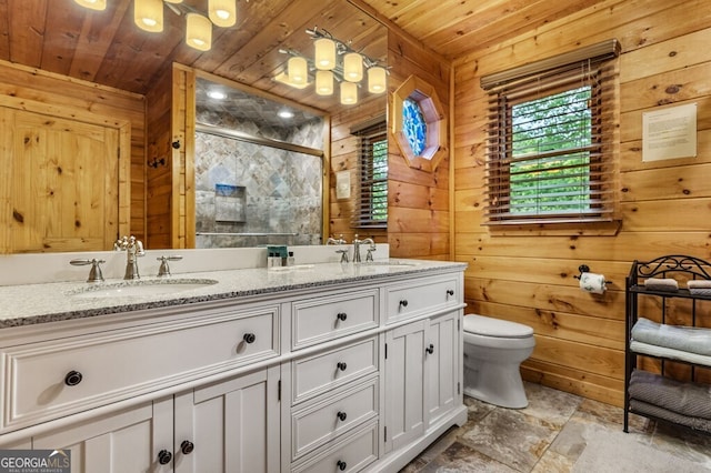 bathroom featuring wood walls, vanity, an enclosed shower, wood ceiling, and toilet