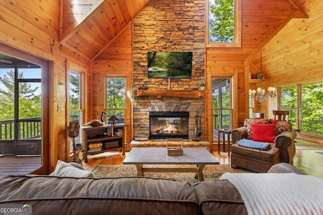 living room with a stone fireplace, high vaulted ceiling, wood walls, wood-type flooring, and wood ceiling