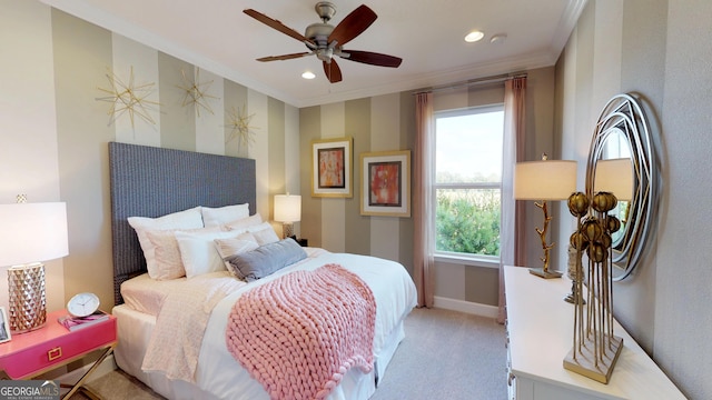 bedroom with recessed lighting, ornamental molding, a ceiling fan, light carpet, and baseboards