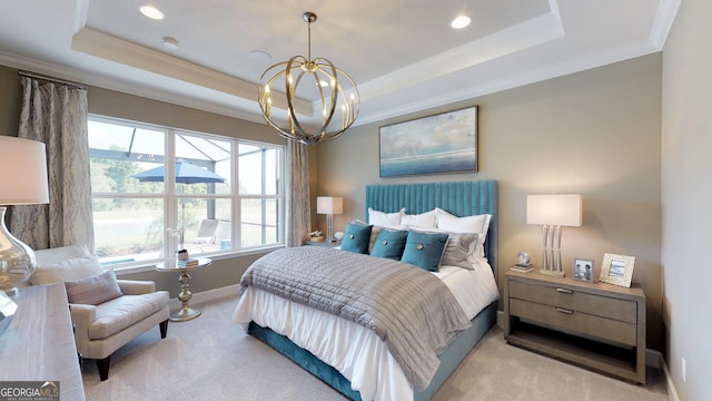 carpeted bedroom featuring a chandelier, a raised ceiling, crown molding, and baseboards