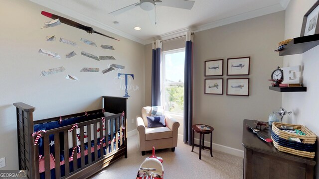 bedroom featuring crown molding, refrigerator, light carpet, and ceiling fan