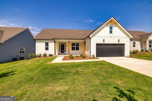 69 Oakhurst Trl, Sharpsburg, GA 30277 - modern farmhouse with board and batten siding, concrete driveway, a front lawn, and an attached garage