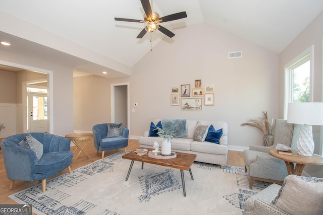69 Oakhurst Trl, Sharpsburg, GA 30277 - living room featuring ceiling fan, recessed lighting, high vaulted ceiling, and wood finished floors