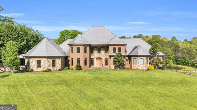 1580 Loving Rd, Morganton, GA 30560 - view of front of home featuring fence, a front lawn, and stone siding