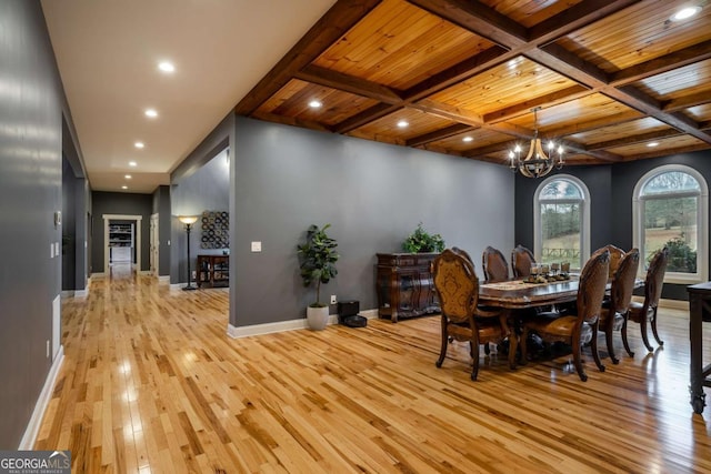 dining area featuring coffered ceiling, wood ceiling, a notable chandelier, beam ceiling, and light hardwood / wood-style floors