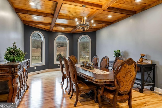 dining area featuring coffered ceiling, beam ceiling, and light hardwood / wood-style floors