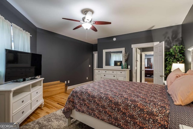 bedroom featuring ceiling fan and light hardwood / wood-style flooring