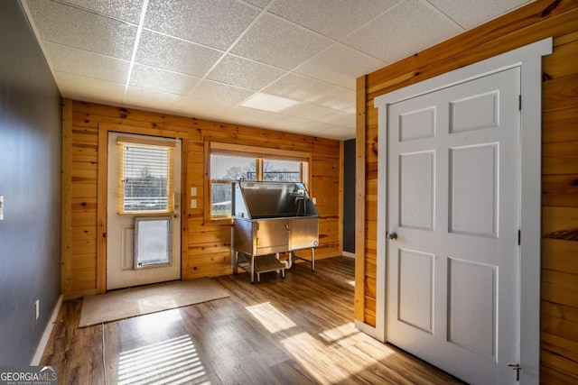 doorway featuring wooden walls and wood-type flooring