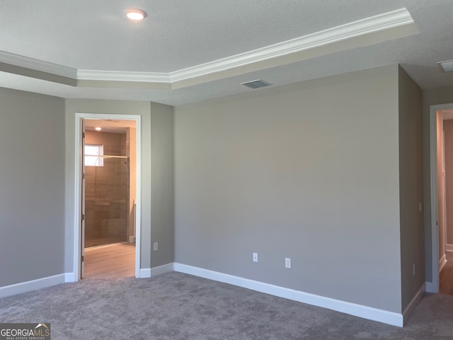 carpeted empty room with a raised ceiling and crown molding