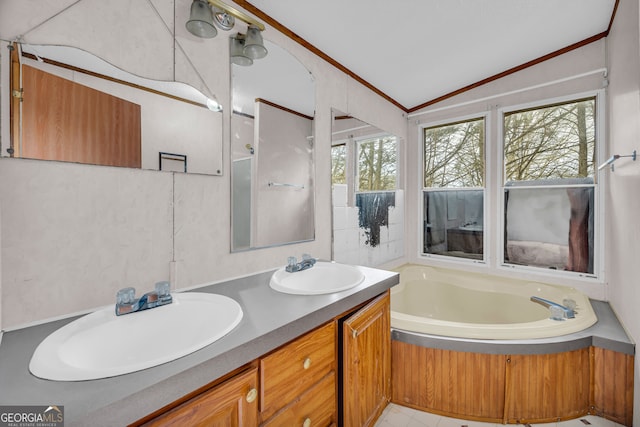 bathroom with lofted ceiling, plenty of natural light, vanity, and a tub