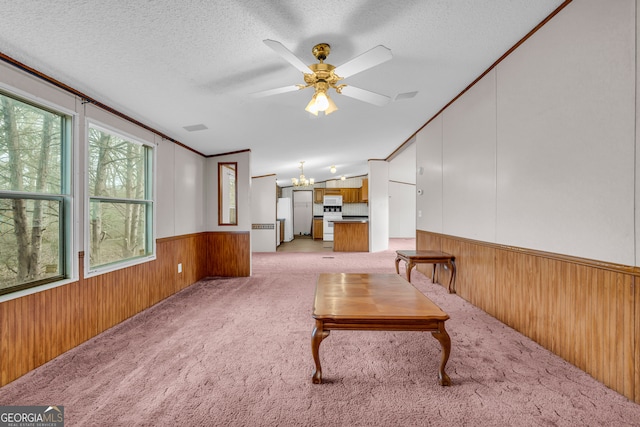 living room featuring ceiling fan with notable chandelier, light carpet, and a textured ceiling