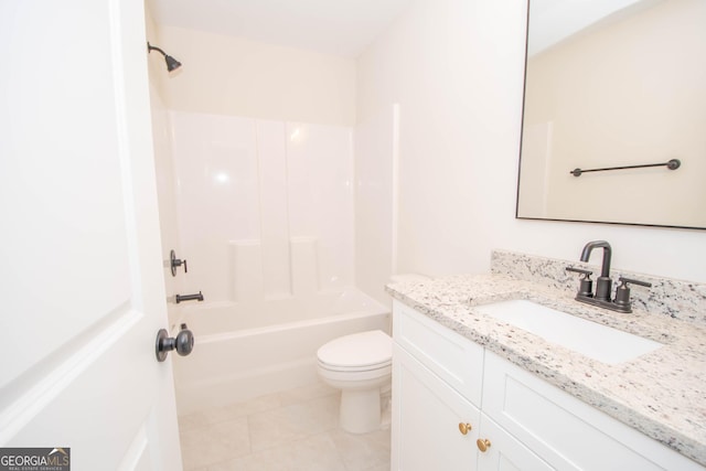 full bathroom featuring washtub / shower combination, vanity, toilet, and tile patterned flooring