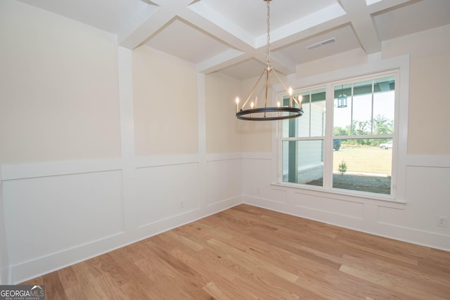 unfurnished dining area with an inviting chandelier, coffered ceiling, hardwood / wood-style floors, and beam ceiling