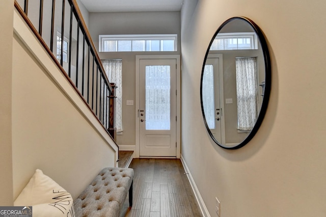 foyer with hardwood / wood-style flooring and a high ceiling