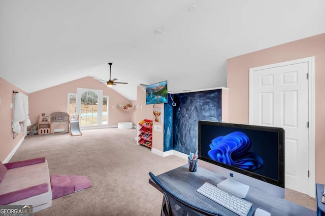 rec room with lofted ceiling, light carpet, and ceiling fan