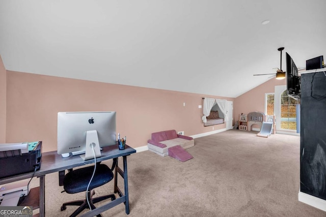 office featuring vaulted ceiling, ceiling fan, and carpet flooring