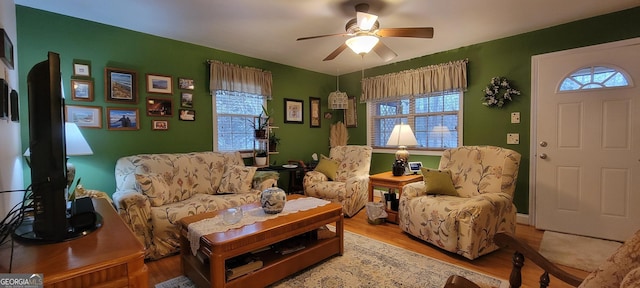 living room with ceiling fan and wood-type flooring