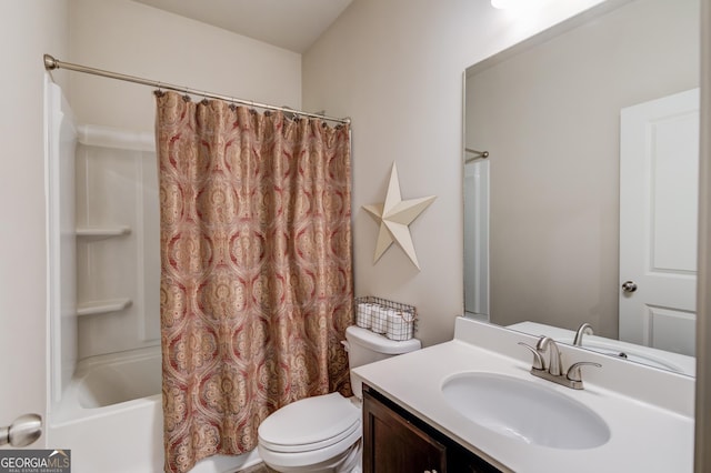 full bathroom with shower / bath combo, vanity, and toilet