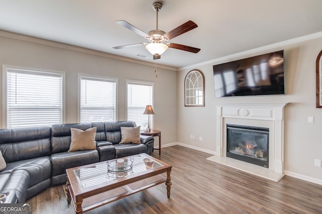 living room with wood-type flooring, ornamental molding, and ceiling fan