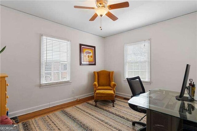 office space featuring hardwood / wood-style flooring, ceiling fan, and plenty of natural light