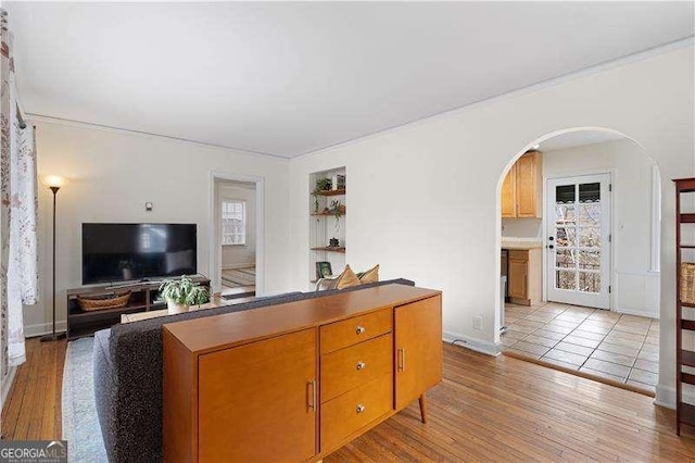 living room with light wood-type flooring and built in shelves