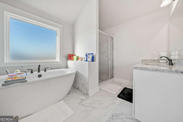 bathroom featuring independent shower and bath, vaulted ceiling, and vanity