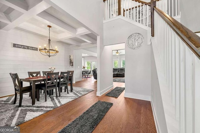 dining space with coffered ceiling, wood walls, a chandelier, dark hardwood / wood-style floors, and beamed ceiling