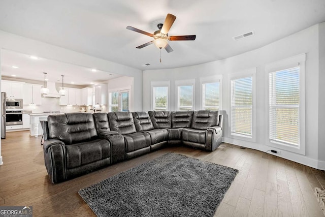 living room featuring ceiling fan, plenty of natural light, and light hardwood / wood-style floors