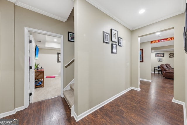 hallway with ornamental molding and dark hardwood / wood-style flooring