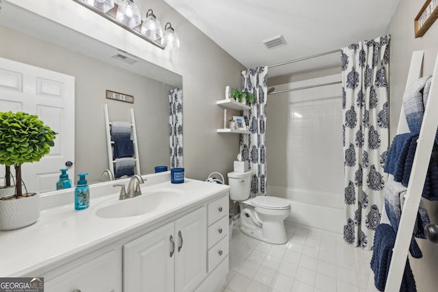 full bathroom with vanity, shower / tub combo, tile patterned floors, and toilet