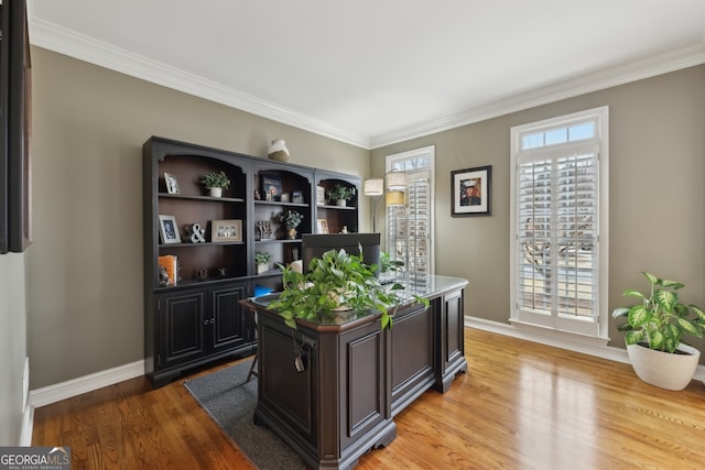 office area featuring crown molding, plenty of natural light, and light hardwood / wood-style flooring