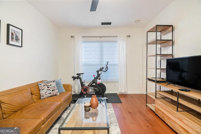 living room with hardwood / wood-style flooring and ceiling fan