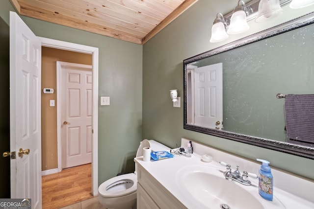 bathroom with vanity, tile patterned floors, wooden ceiling, and toilet