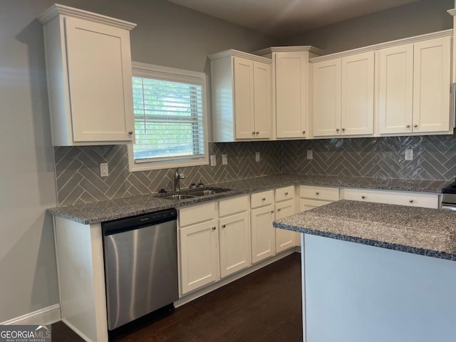 kitchen with white cabinetry, dishwasher, sink, and backsplash