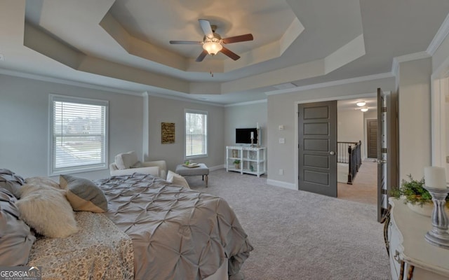 carpeted bedroom featuring ceiling fan, ornamental molding, and a raised ceiling