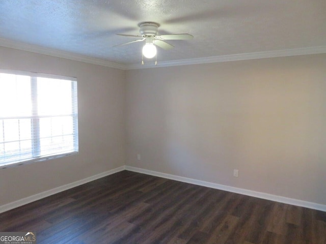 empty room featuring crown molding, ceiling fan, dark hardwood / wood-style flooring, and a textured ceiling