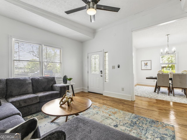 living room featuring wood-type flooring, ceiling fan with notable chandelier, and a textured ceiling